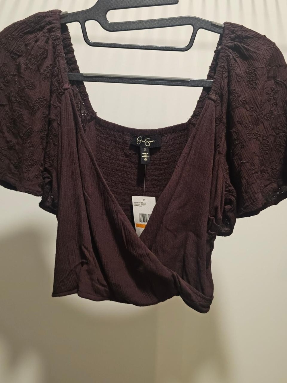 Jessica Simpson Plum Wrap Crop Top with Puff Sleeves